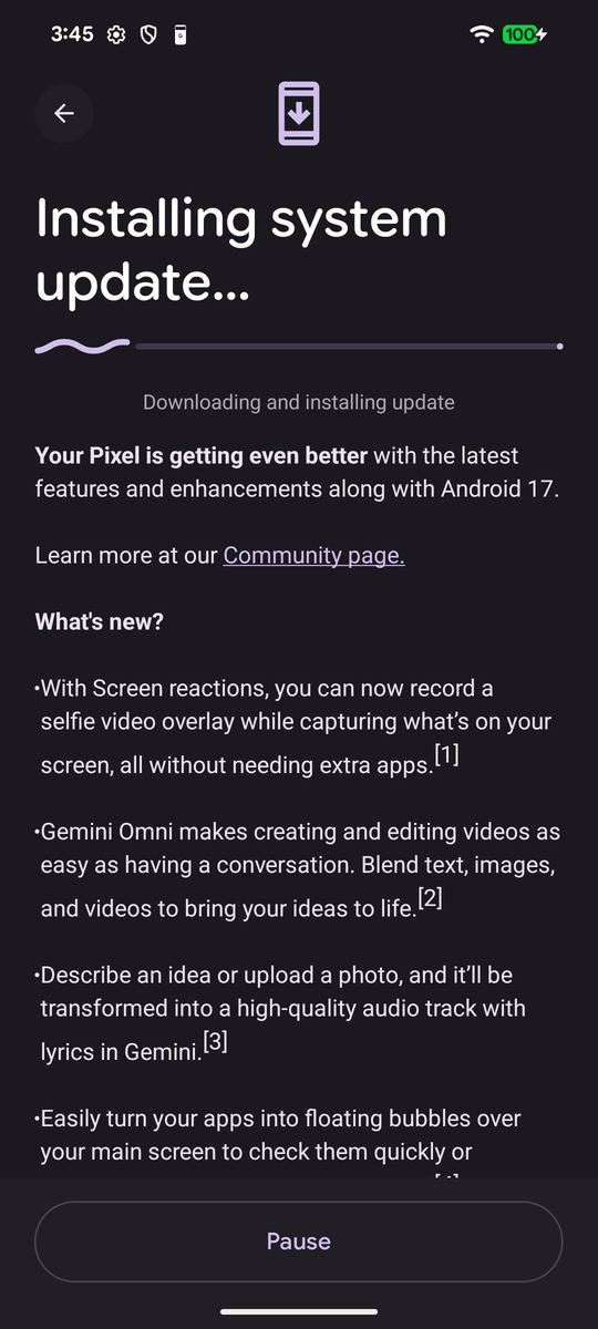 Pixel system update screen installing Android 17
