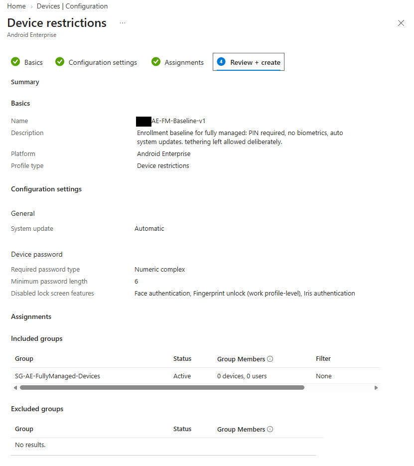 Intune device restrictions summary: automatic system updates, six-digit numeric complex PIN, face, fingerprint and iris authentication disabled