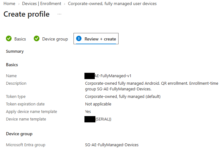 Intune fully managed enrollment profile summary with the default token, a device name template and an enrollment-time group