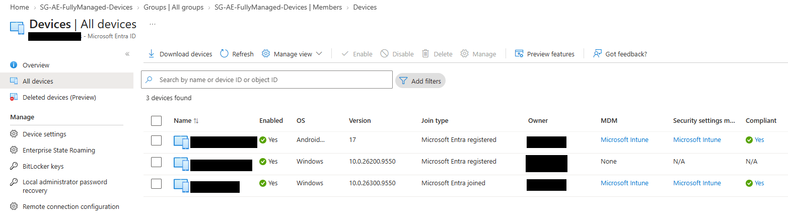 Entra device list showing the phone as Microsoft Entra registered and the laptop as Microsoft Entra joined, device names blacked out