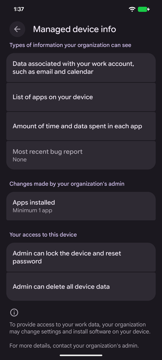 Android Managed device info screen listing what the organization can see and what the admin can do