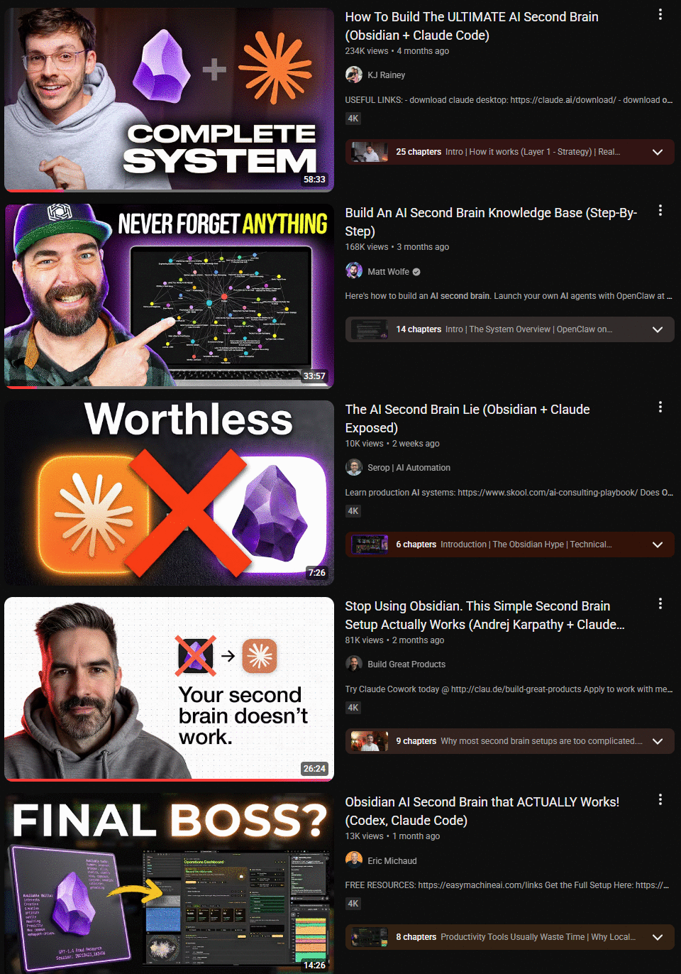 A YouTube homepage full of "AI second brain" video thumbnails and clickbait titles like The AI Second Brain Lie and Your Second Brain Doesn't Work