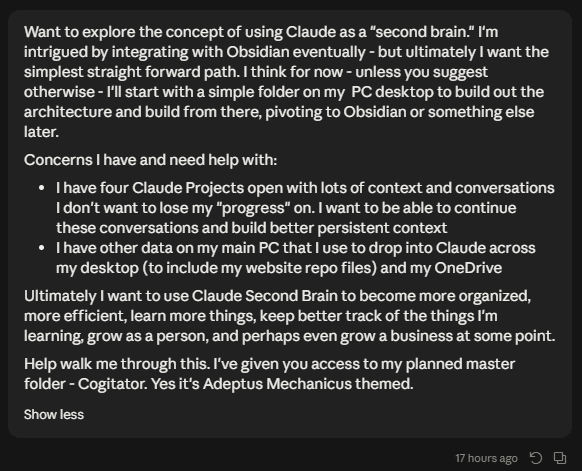 The initial prompt asking Claude to help set up a second brain, listing concerns about losing context across four existing Claude Projects