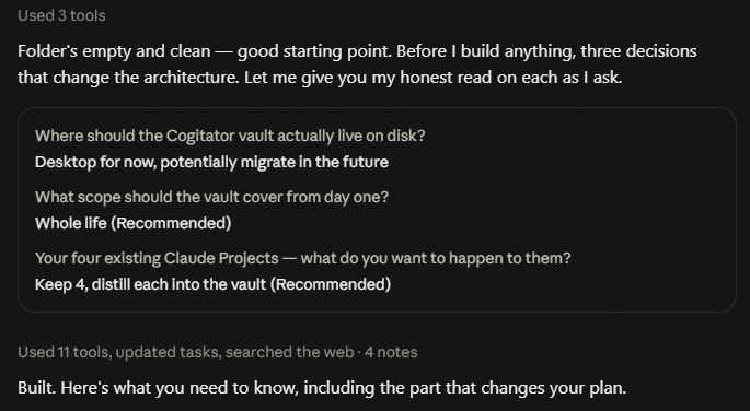 Claude's response after being pointed at the empty folder, summarizing three architecture decisions before writing anything