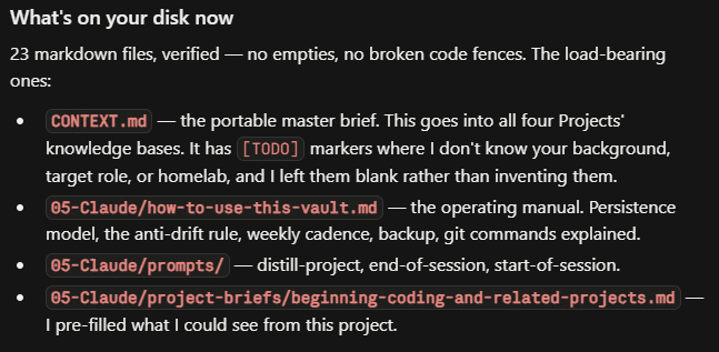 Claude summarizing what had been written to disk: 23 markdown files including a master context file and per-project briefs