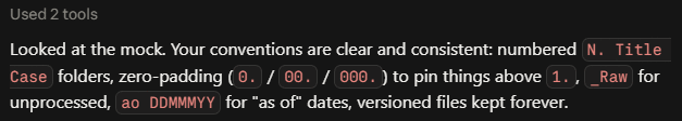 Claude describing the numbering and naming conventions it found in an existing OneDrive folder, in order to reproduce them in the vault