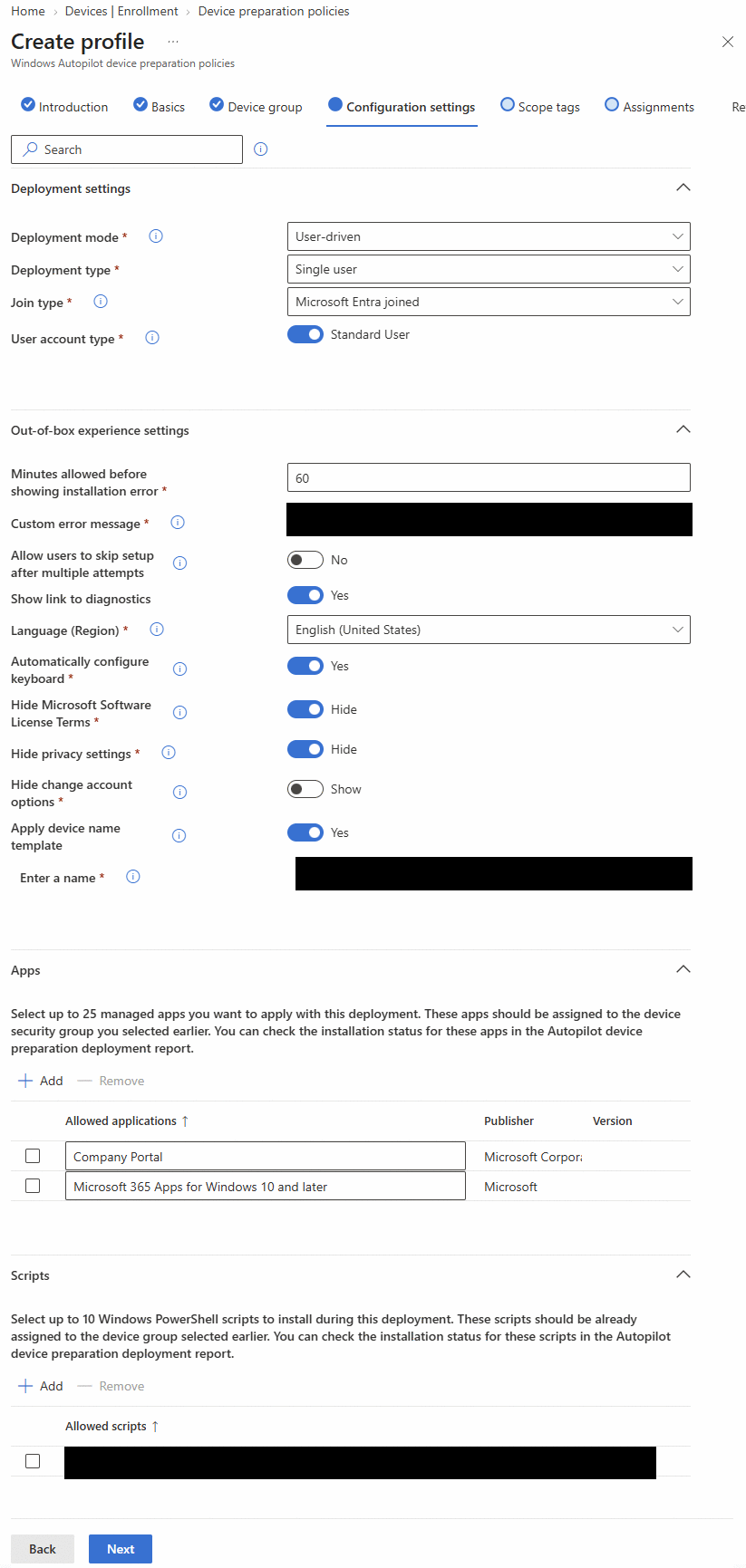 Autopilot device preparation policy configuration showing user-driven, single user, Entra joined, standard user
