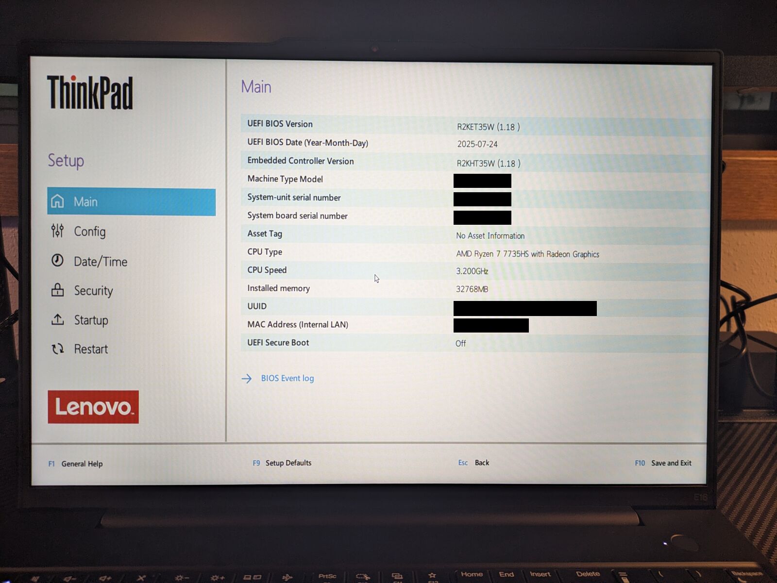 ThinkPad BIOS main page showing UEFI Secure Boot set to Off