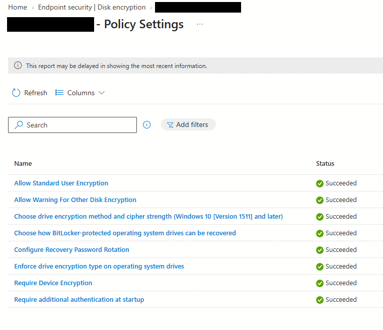 Intune BitLocker policy settings report with every setting showing Succeeded