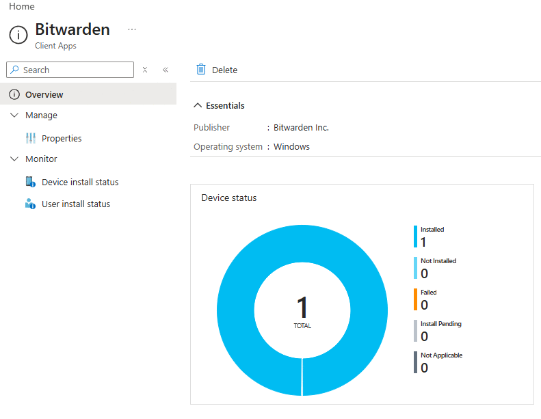 Intune app overview for Bitwarden showing one device with a status of Installed