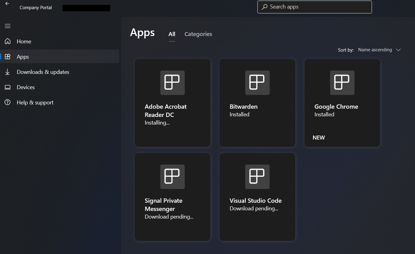 Company Portal app catalog listing Adobe Acrobat Reader, Bitwarden, Google Chrome, Signal and Visual Studio Code