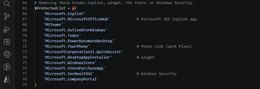 PowerShell protected list naming Copilot, Teams, Outlook, Windows Store, winget and Windows Security