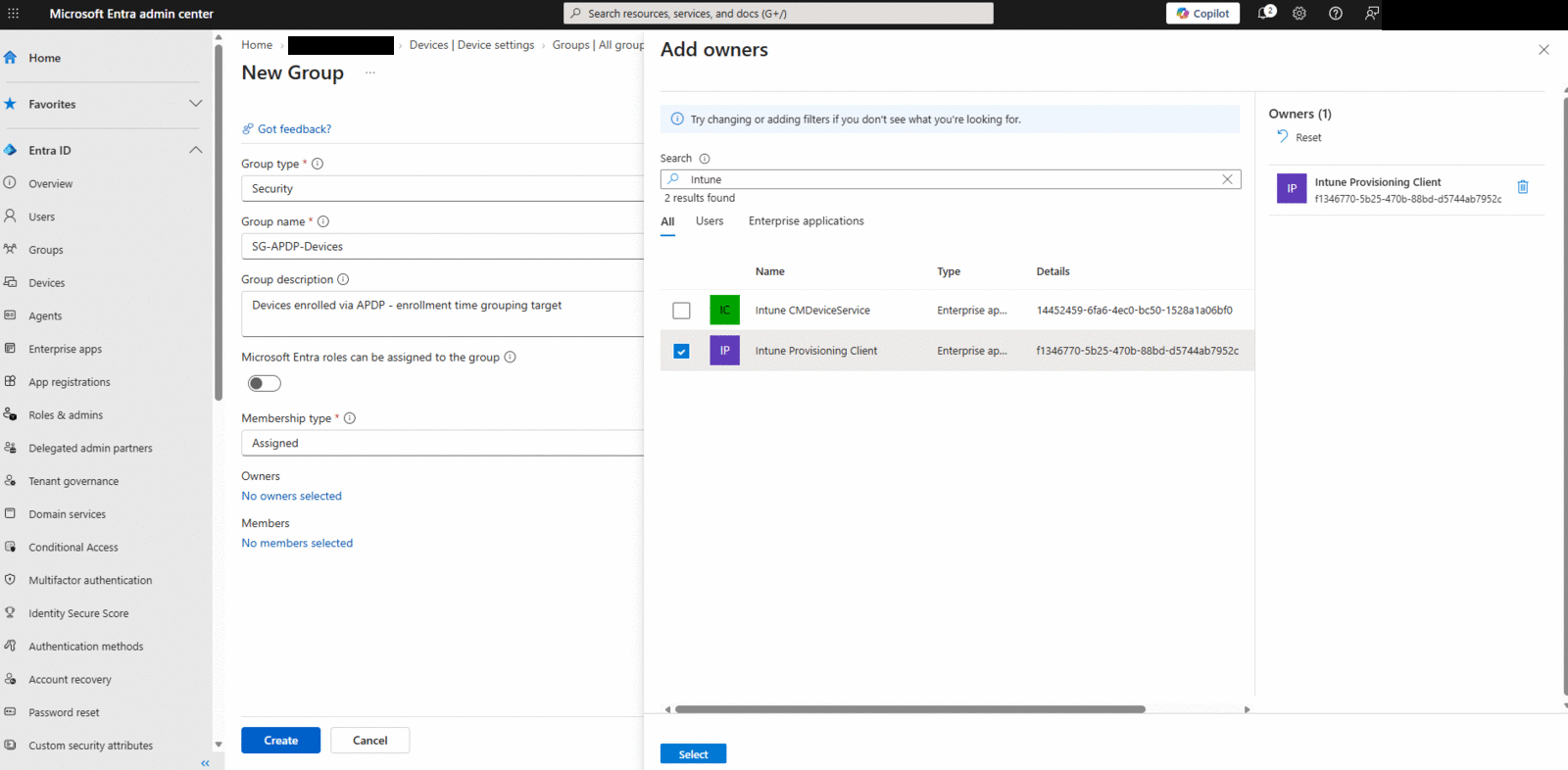 New security group dialog with the Intune Provisioning Client service principal selected as owner