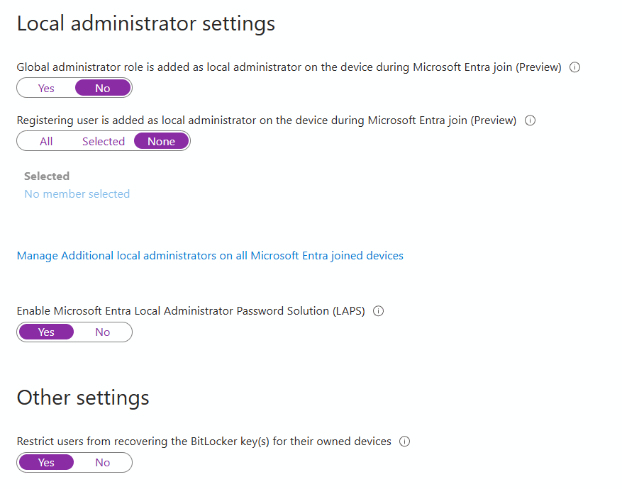 Entra local administrator settings with the Global administrator role toggle set to No and registering user set to None