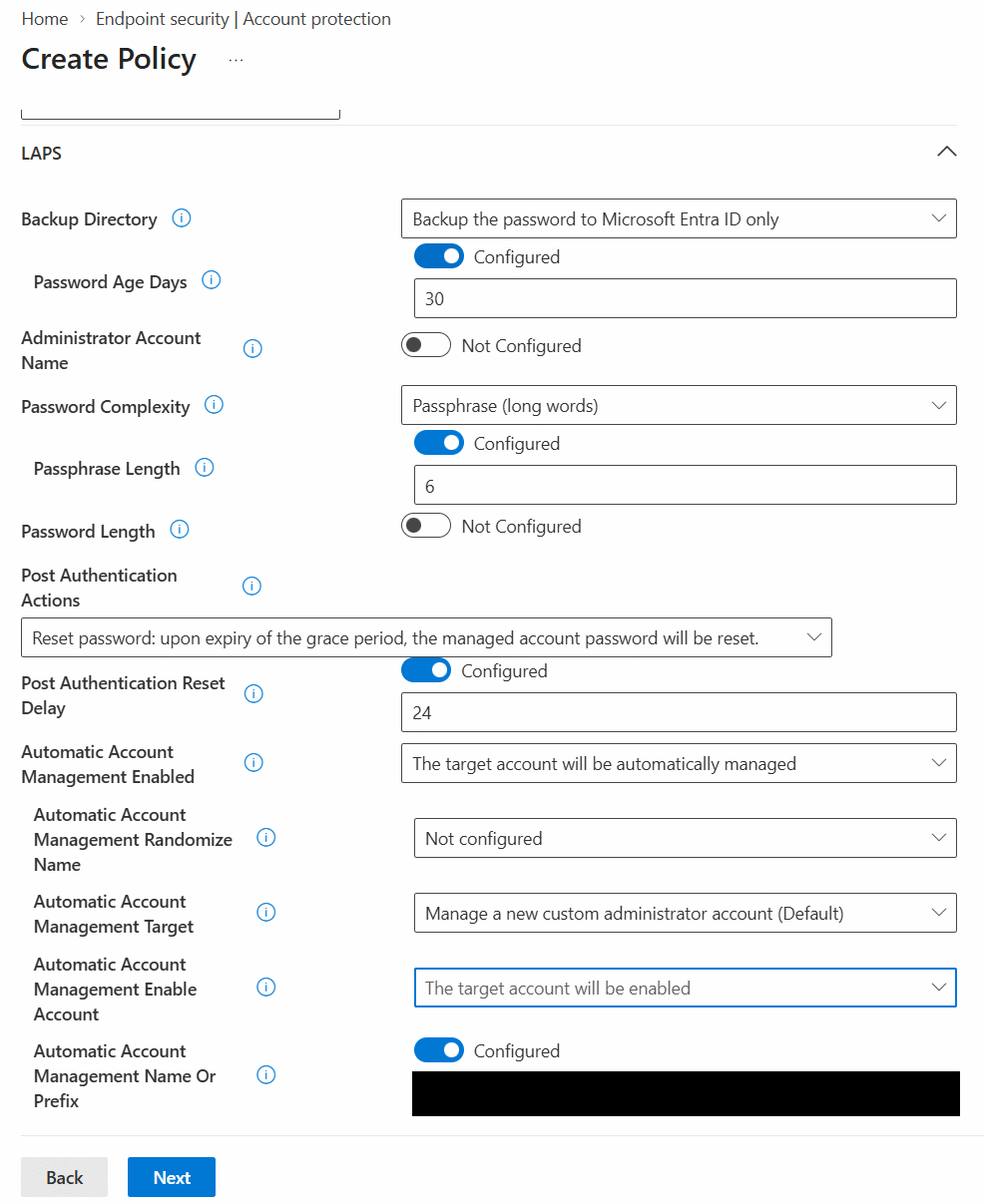 Windows LAPS policy settings in Intune with automatic account management enabled