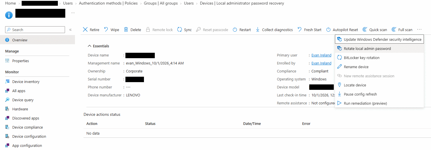 Intune device page with the Rotate local admin password remote action selected