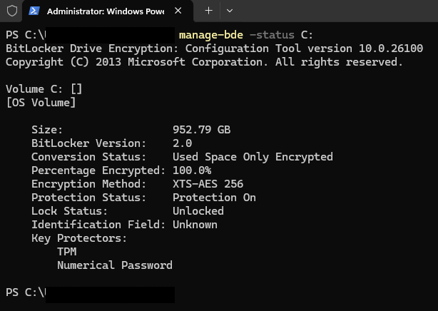manage-bde output showing encryption method XTS-AES 256 with protection on