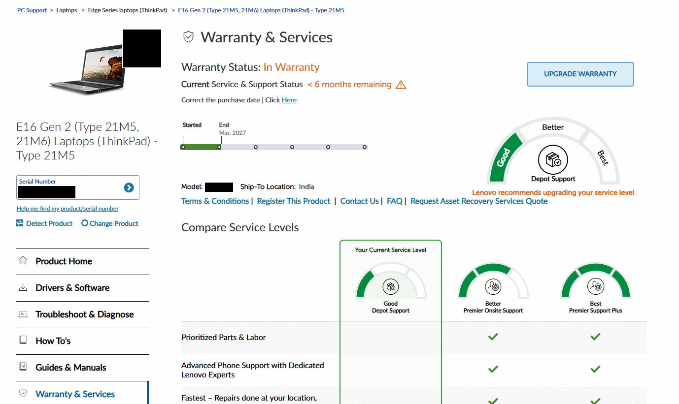 Lenovo warranty page showing depot support, under six months remaining and a ship-to location of India