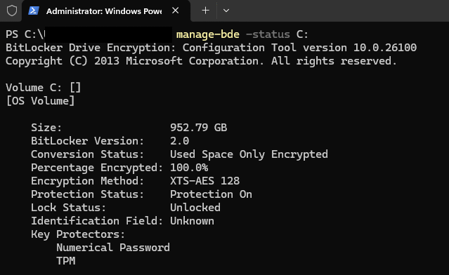 manage-bde output showing encryption method XTS-AES 128