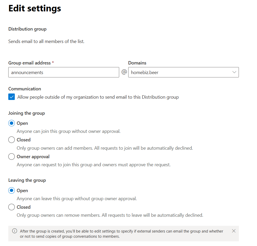 Distribution group creation settings