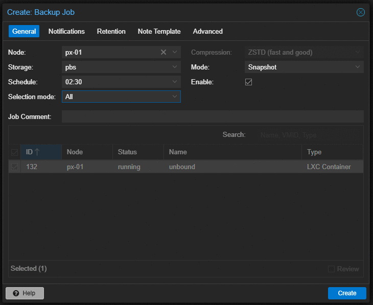 Backup job configured from PX-01 to the Proxmox Backup Server