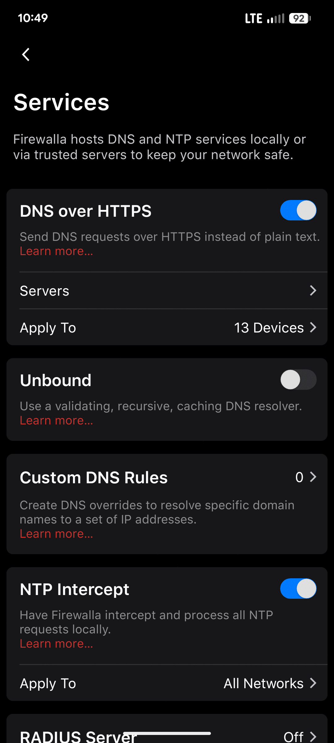 Firewalla router DNS interception setting turned off for the server VLAN
