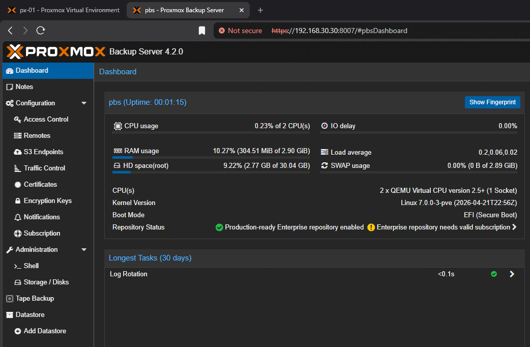 Proxmox Backup Server dashboard after first boot