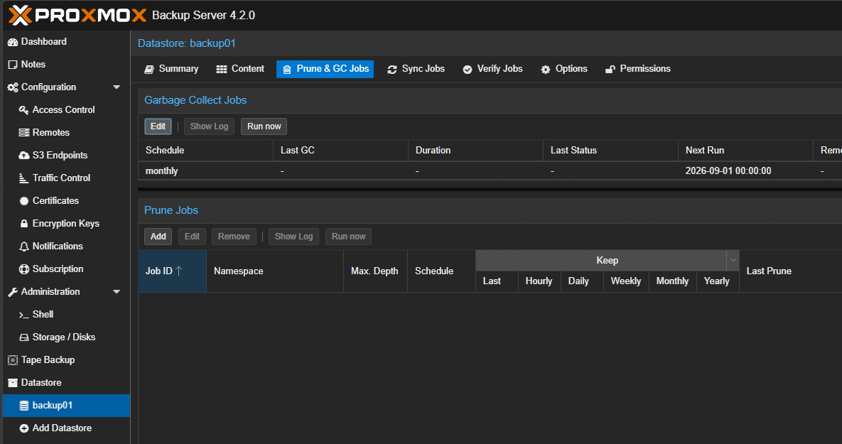 Garbage collection schedule configured on the backup datastore