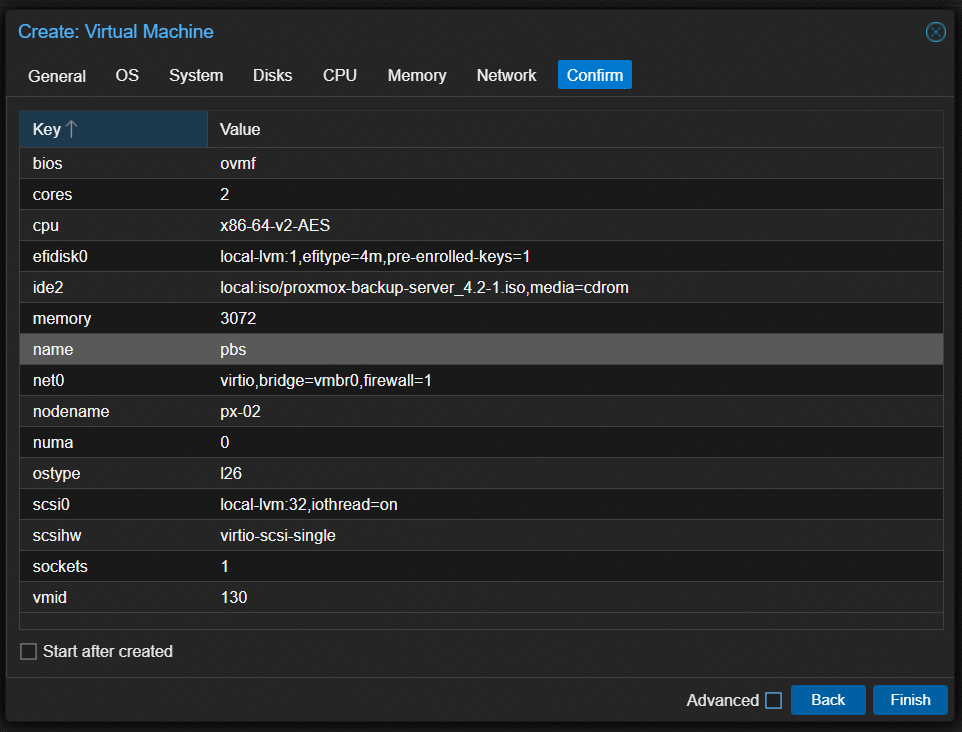 Virtual machine configuration for the Proxmox Backup Server instance