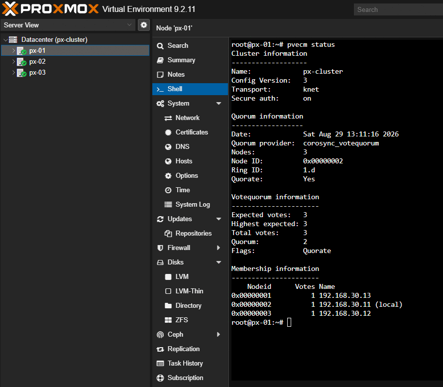 Proxmox cluster status showing three nodes and quorum