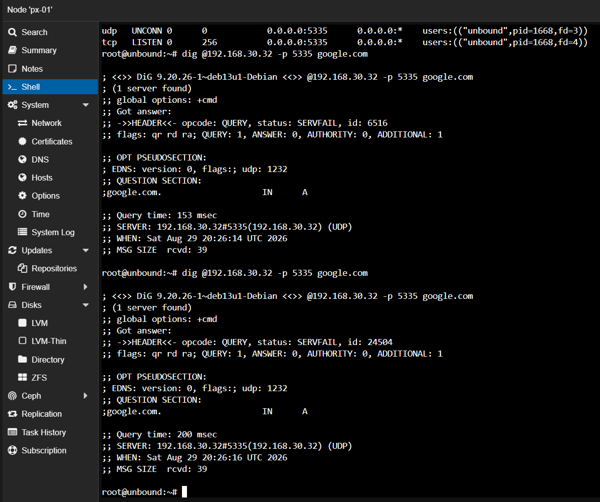 dig query returning SERVFAIL from the Unbound resolver