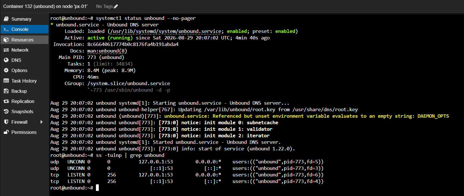 Unbound service running inside its container